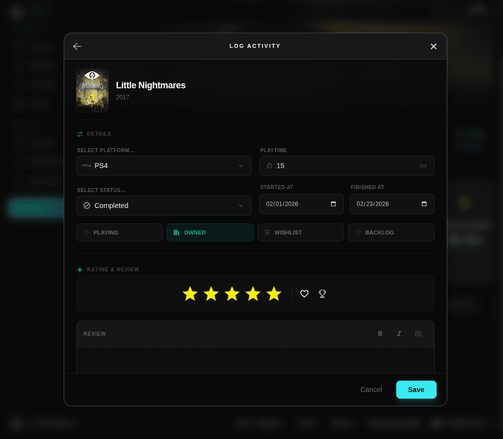 Interfaz del editor de reseñas